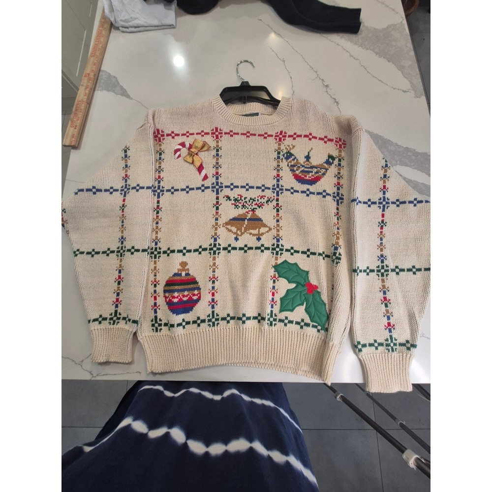 Vintage Melissa Burke Christmas Sweater Cream Cotton Embroidered Holiday Women M
